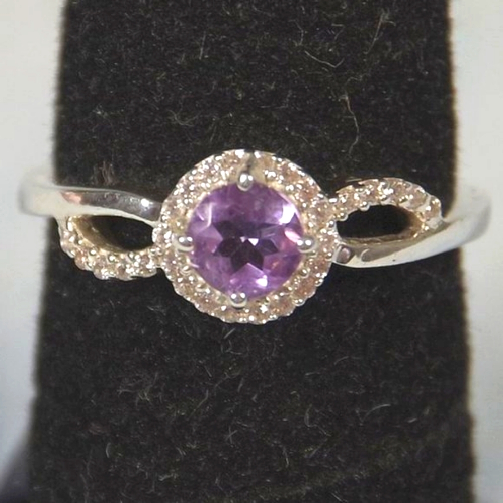 Amethyst Diamond & Sterling Silver Halo Ring Sz 7 NWT